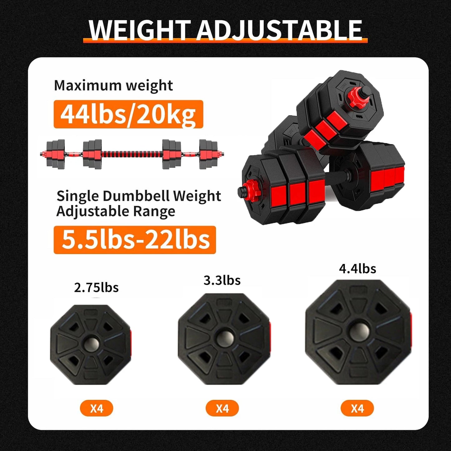 Adjustable Dumbbell Barbell Fitness Set 44 Lbs Anti Slip Grip