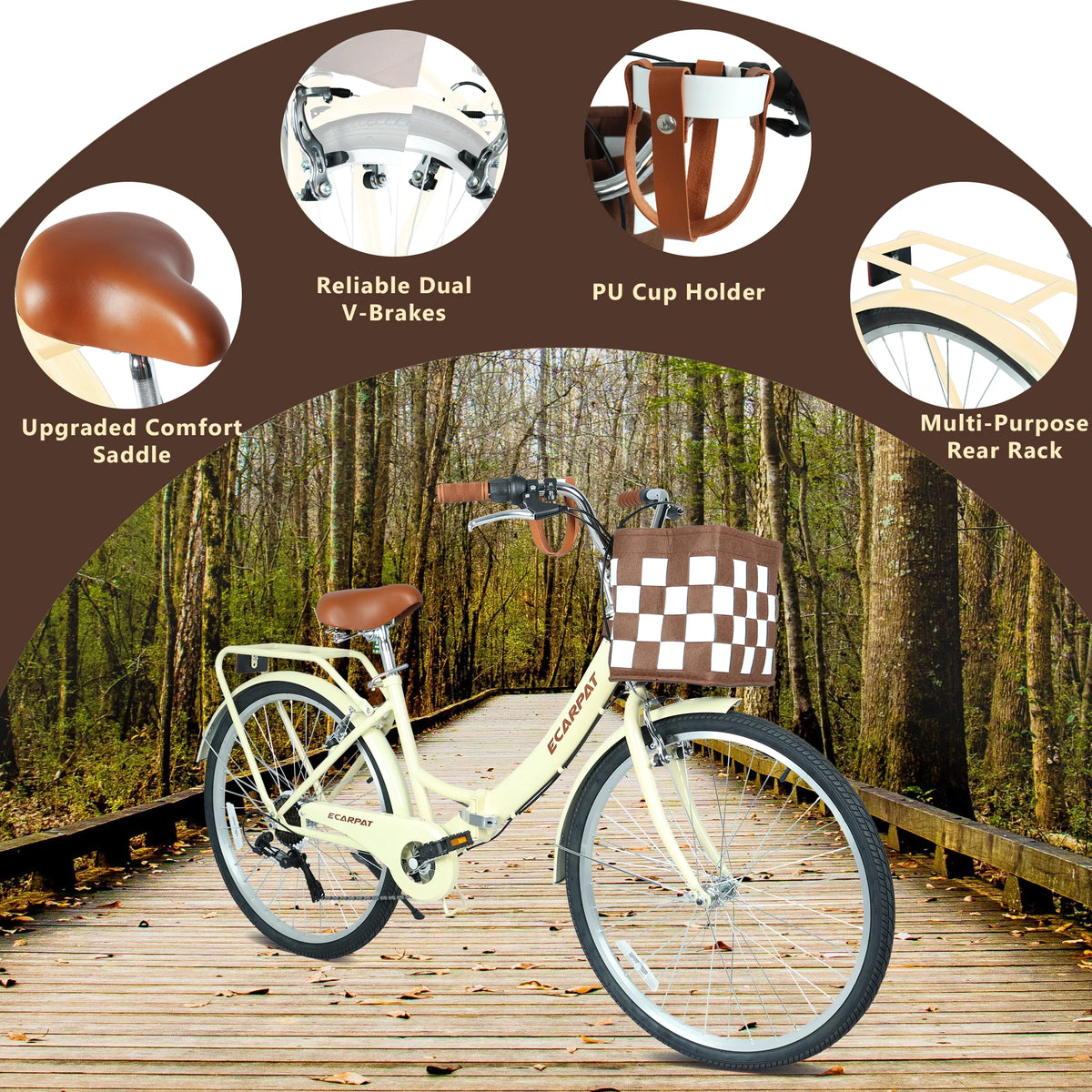 Ecarpat Folding Beach Cruiser Bike With Sturdy Steel Frame