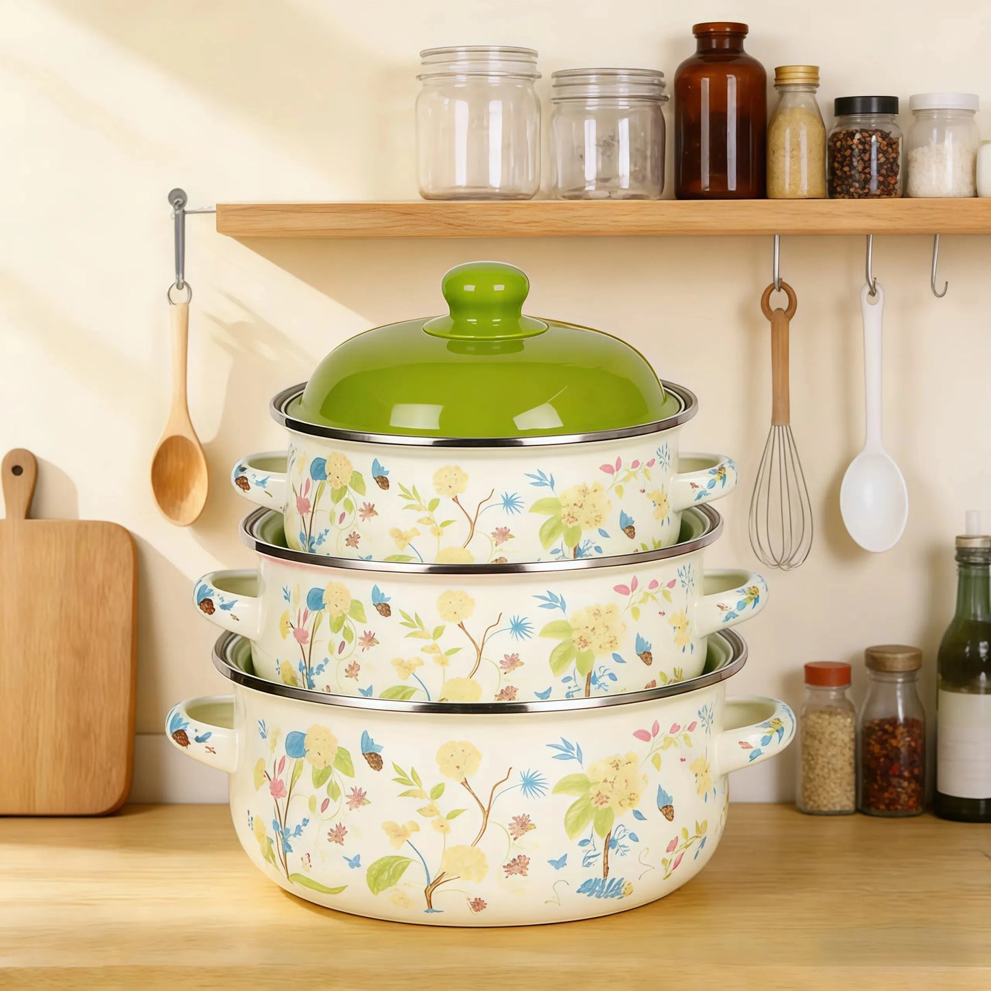 Vintage Enamel Stock Pot Set With Lids Induction Compatible
