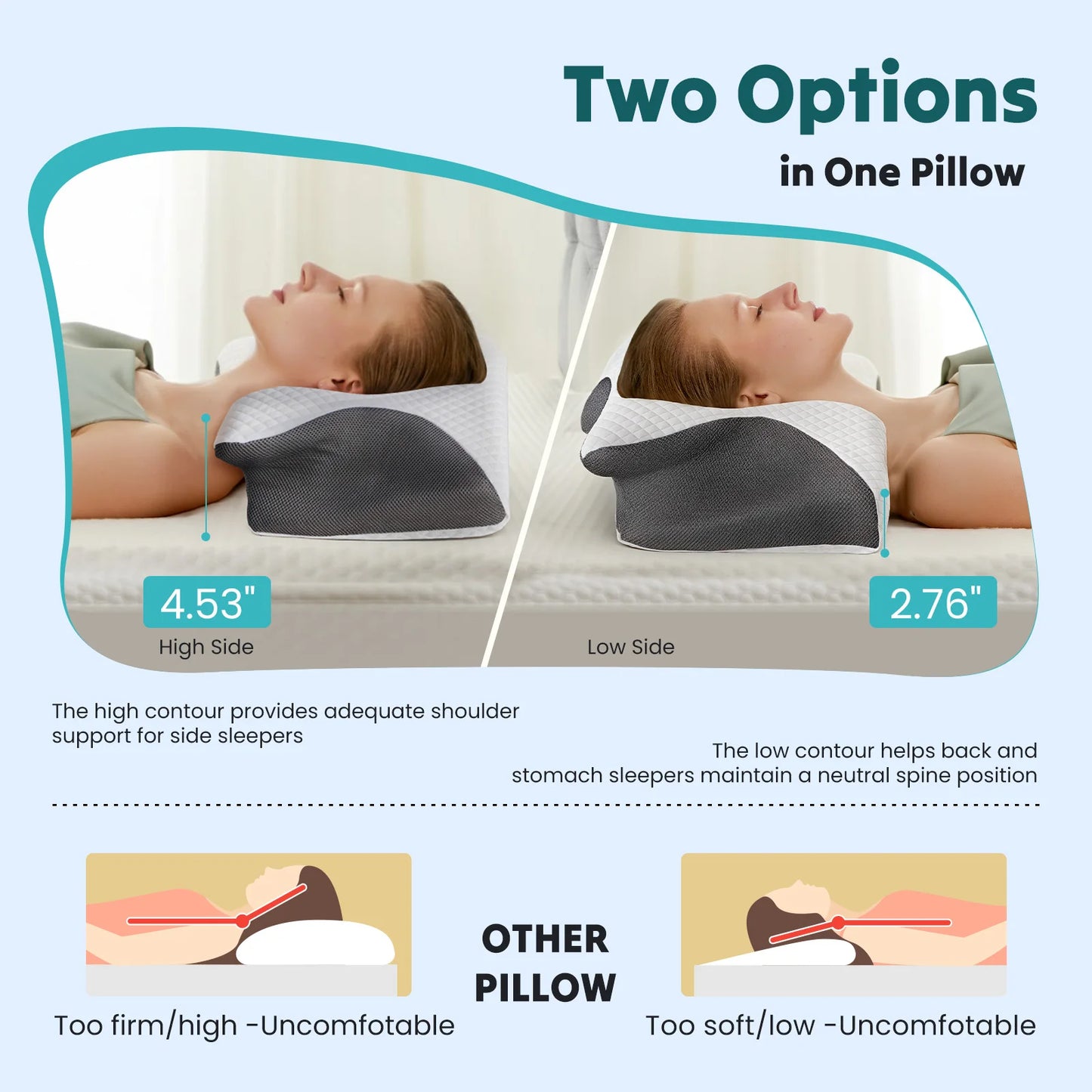 JHK Ergonomic Cervical Neck Pillow Memory Foam With Cooling Pillowcase