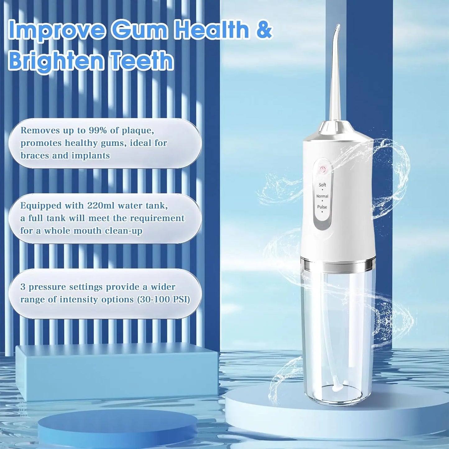 Portable Cordless Dental Water Flosser With 3 Modes IPX7 Waterproof