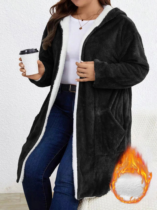 Women Hooded Fleece Cardigan With Sherpa Trim And Pockets
