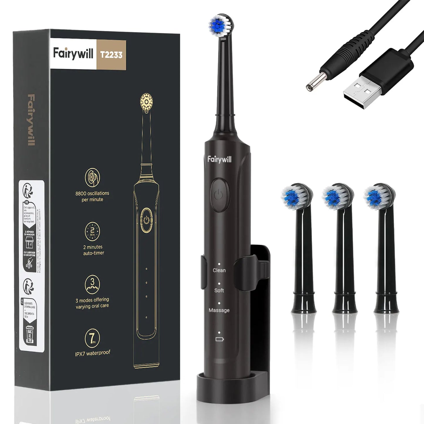 Fairywill T2233 Rechargeable Electric Toothbrush With 4 Replacement Heads