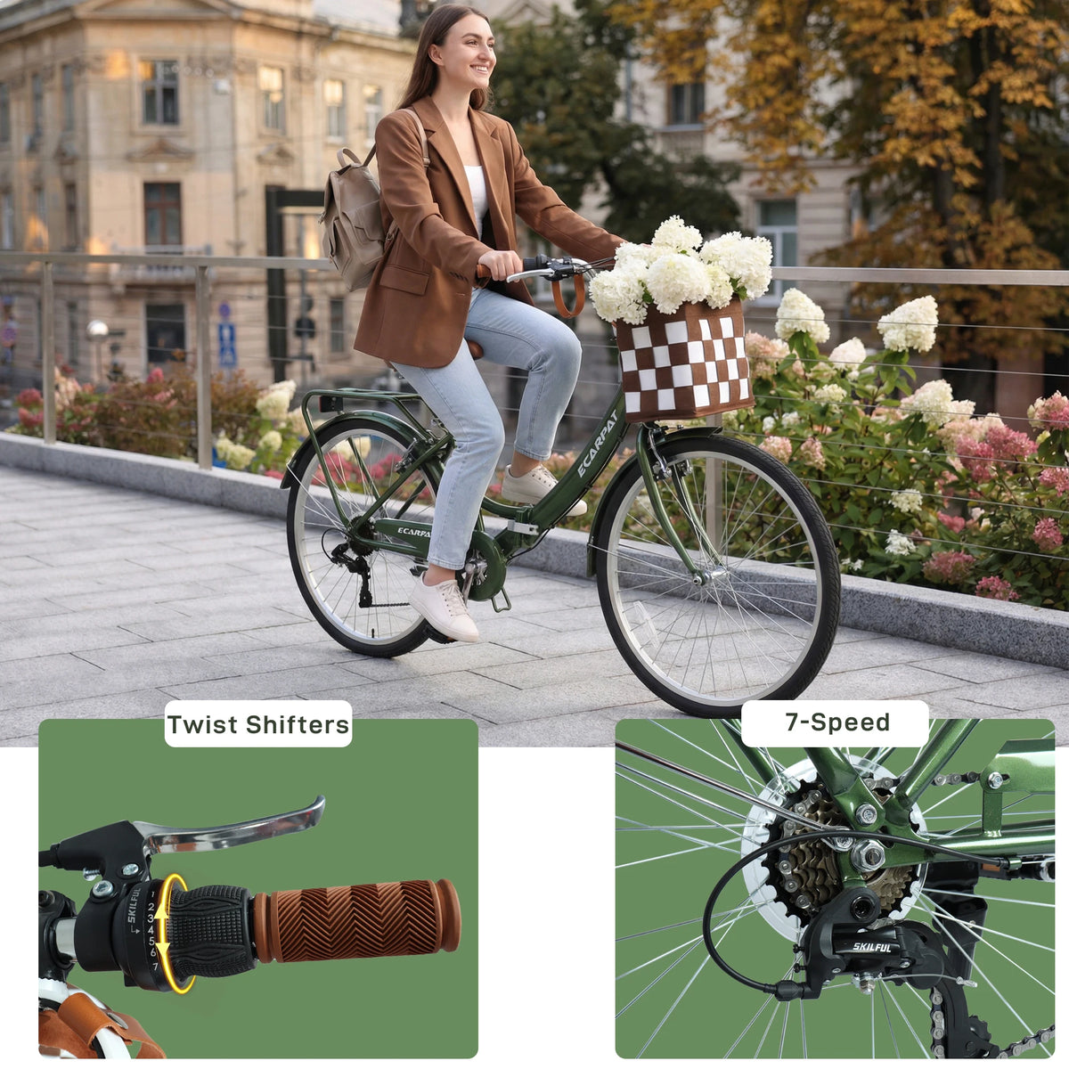 Ecarpat Folding Beach Cruiser Bike With Sturdy Steel Frame