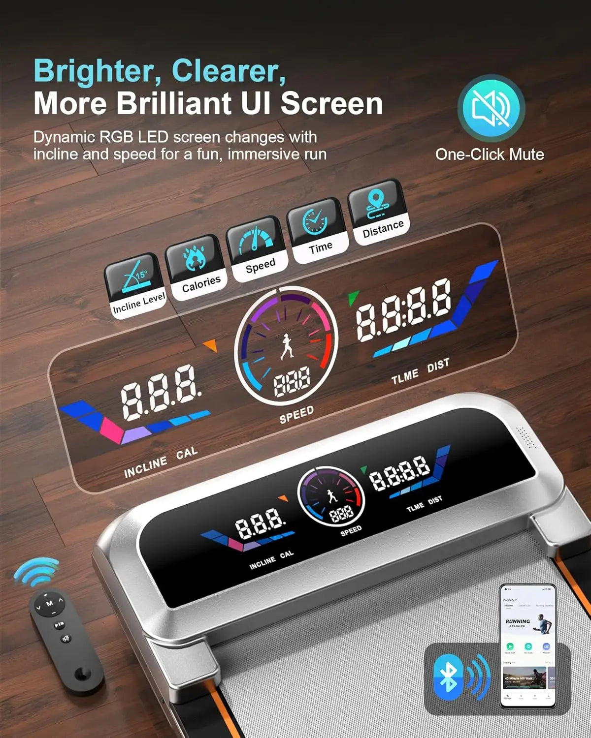 Foldable Under Desk Treadmill With Auto Incline 3.5HP Bluetooth Speaker