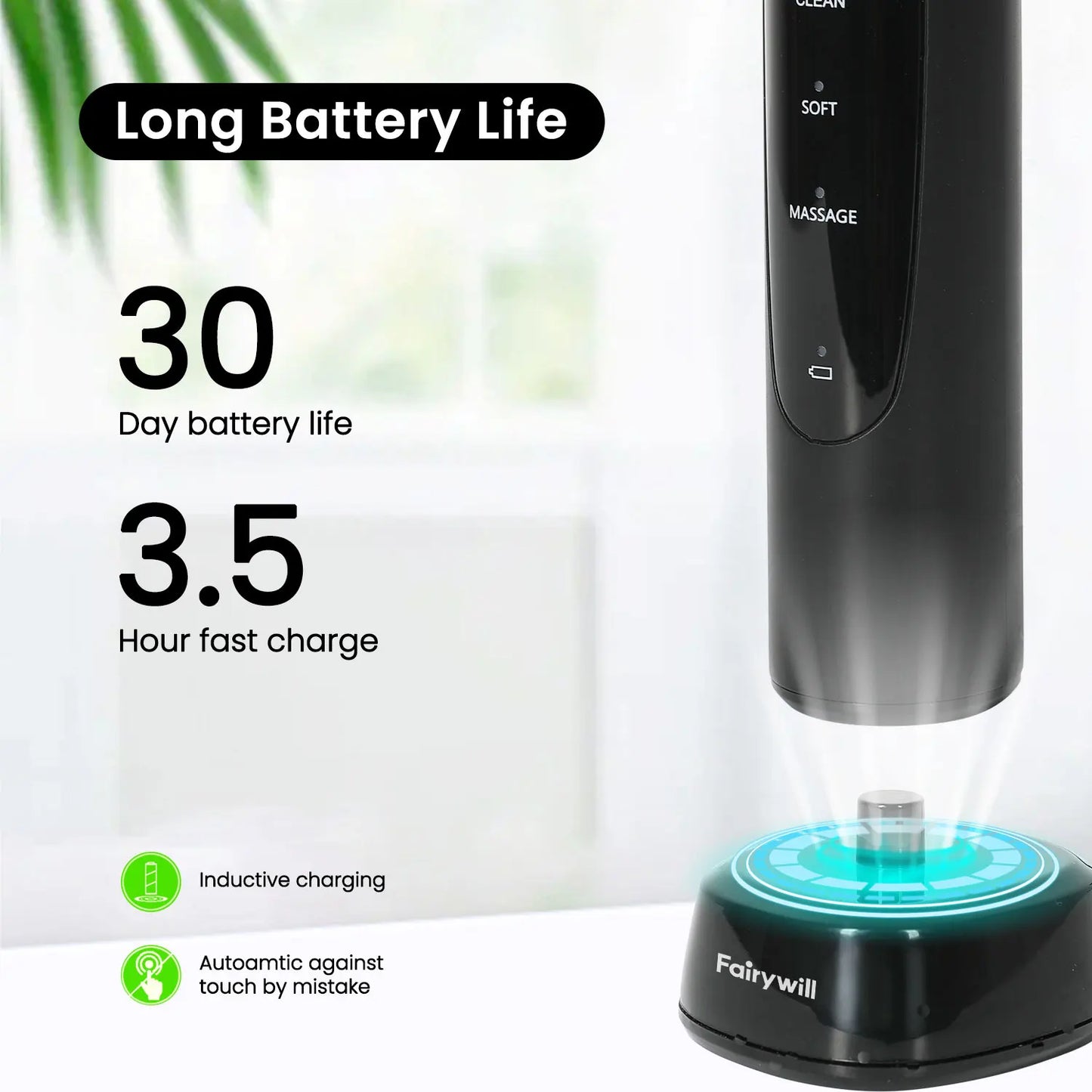 Fairywill T2233 Rechargeable Electric Toothbrush With 4 Replacement Heads
