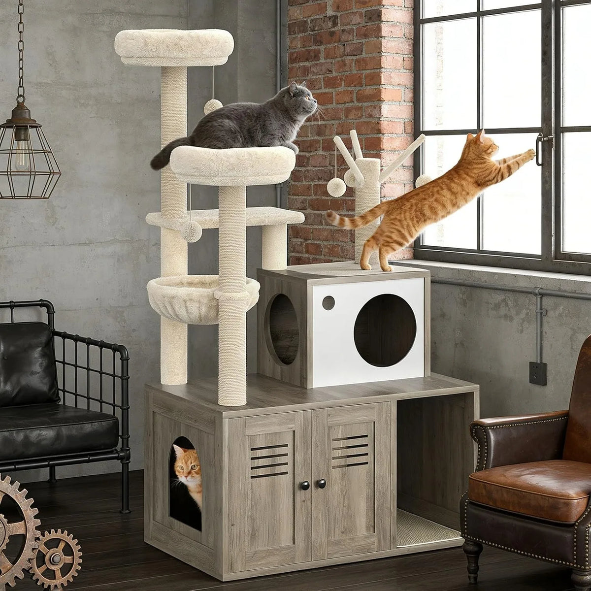 Modern Cat Tower With Litter Box Enclosure And Scratching Posts