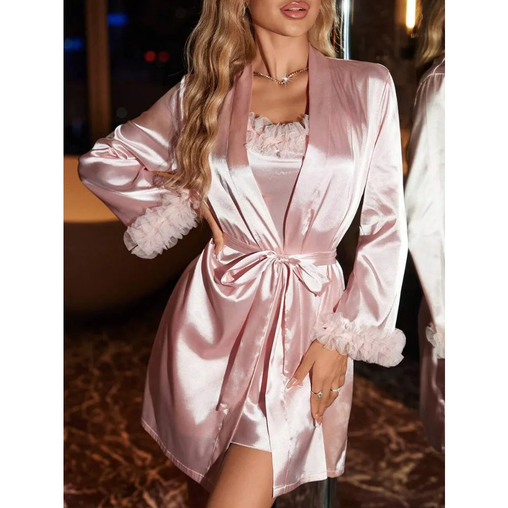 SilkySpell Floral Trim Faux Silk Nightgown And Belted Robe Set