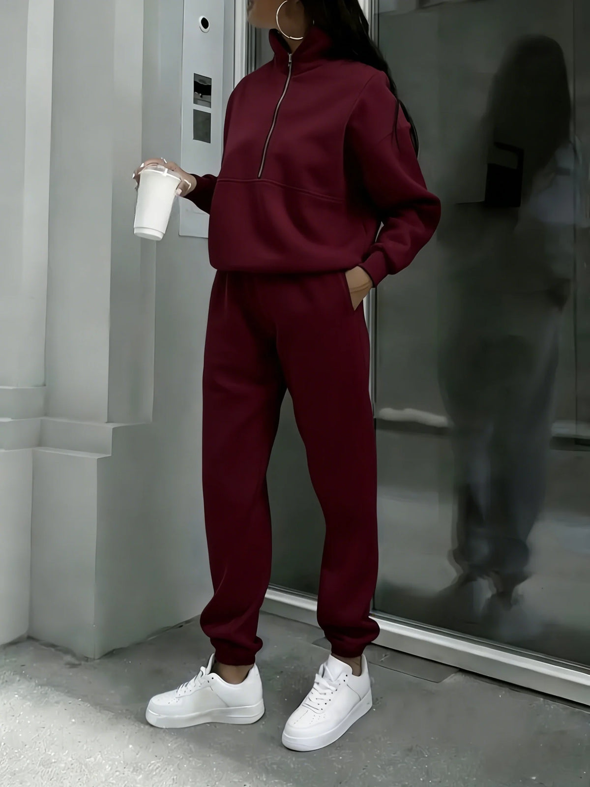Women Two Piece Half Zip Tracksuit Lounge Set With Joggers