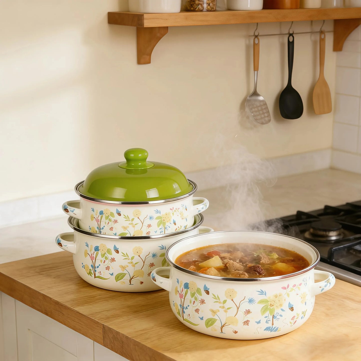 Vintage Enamel Stock Pot Set With Lids Induction Compatible