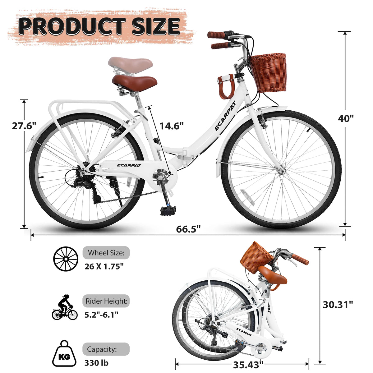 Ecarpat Folding Beach Cruiser Bike With Sturdy Steel Frame
