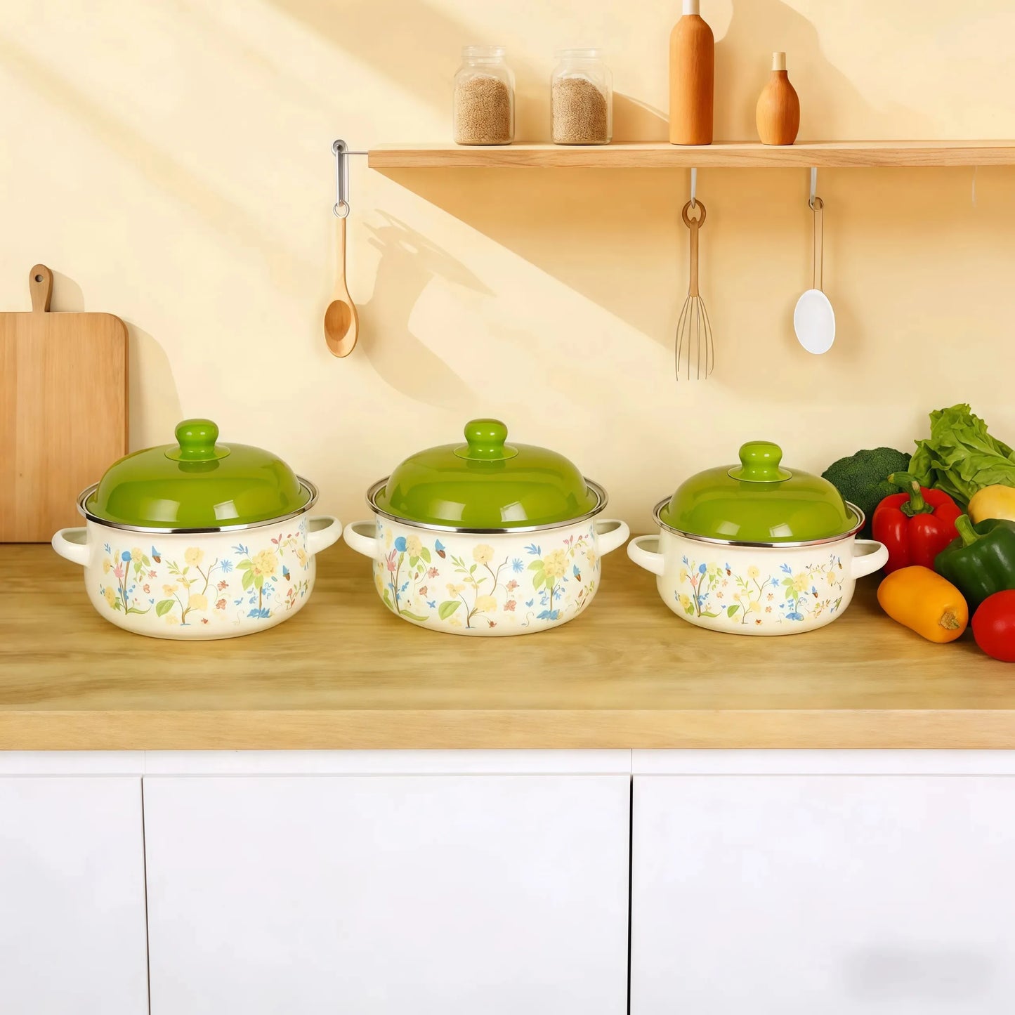 Vintage Enamel Stock Pot Set With Lids Induction Compatible
