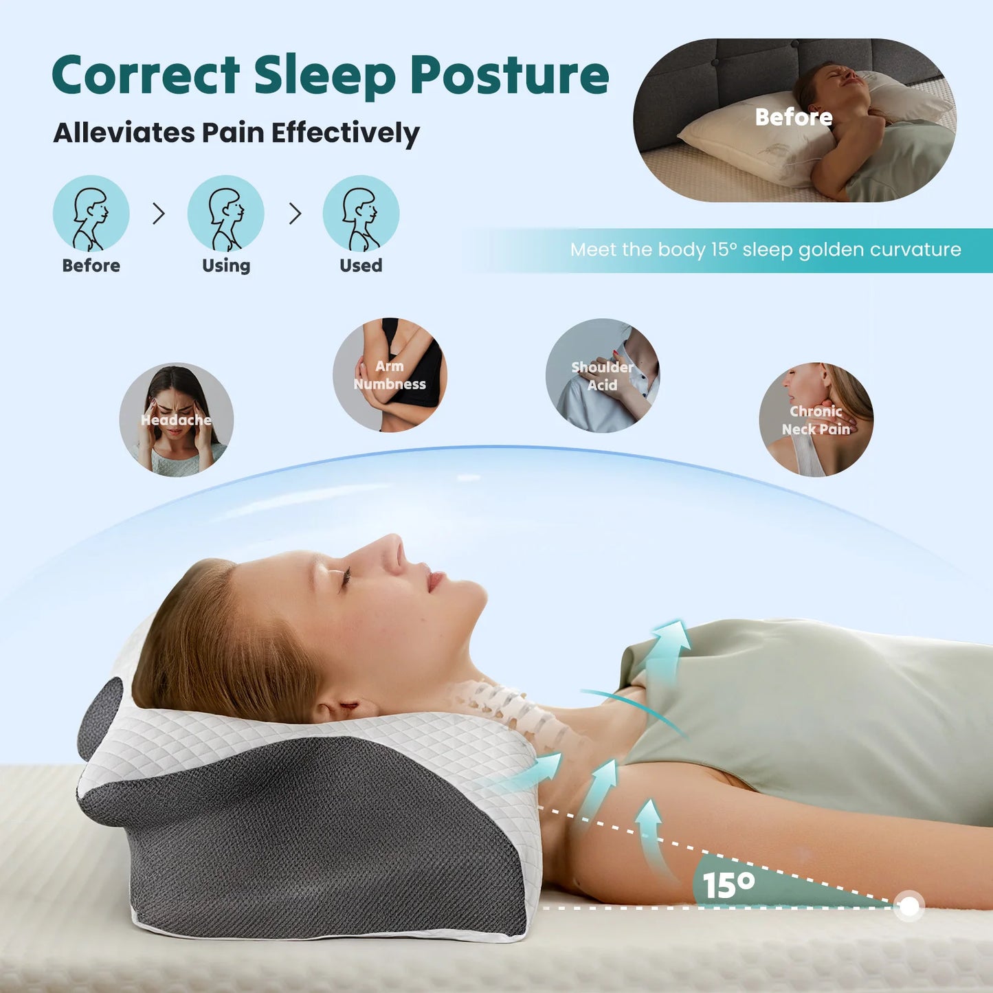 JHK Ergonomic Cervical Neck Pillow Memory Foam With Cooling Pillowcase