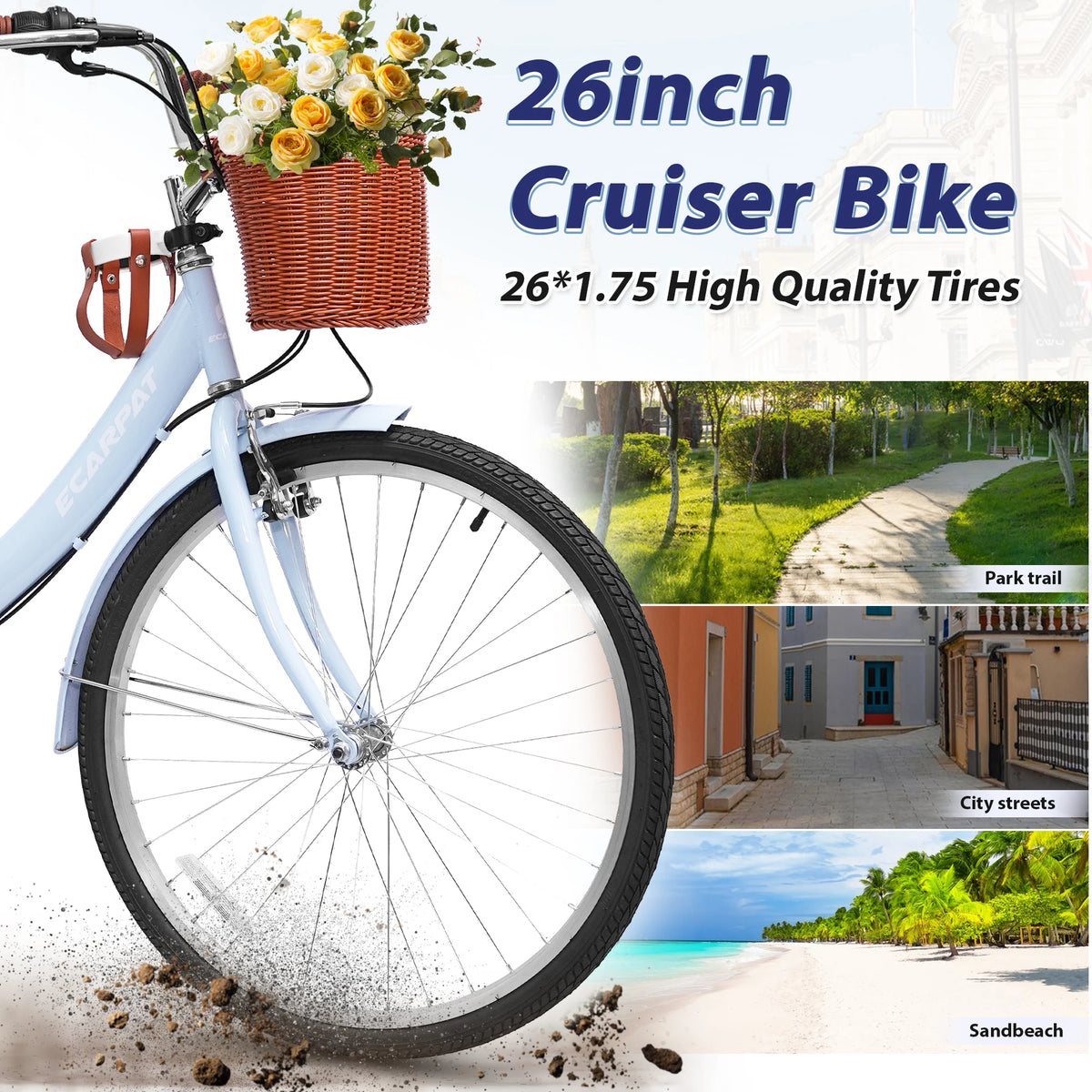 Ecarpat Folding Beach Cruiser Bike With Sturdy Steel Frame