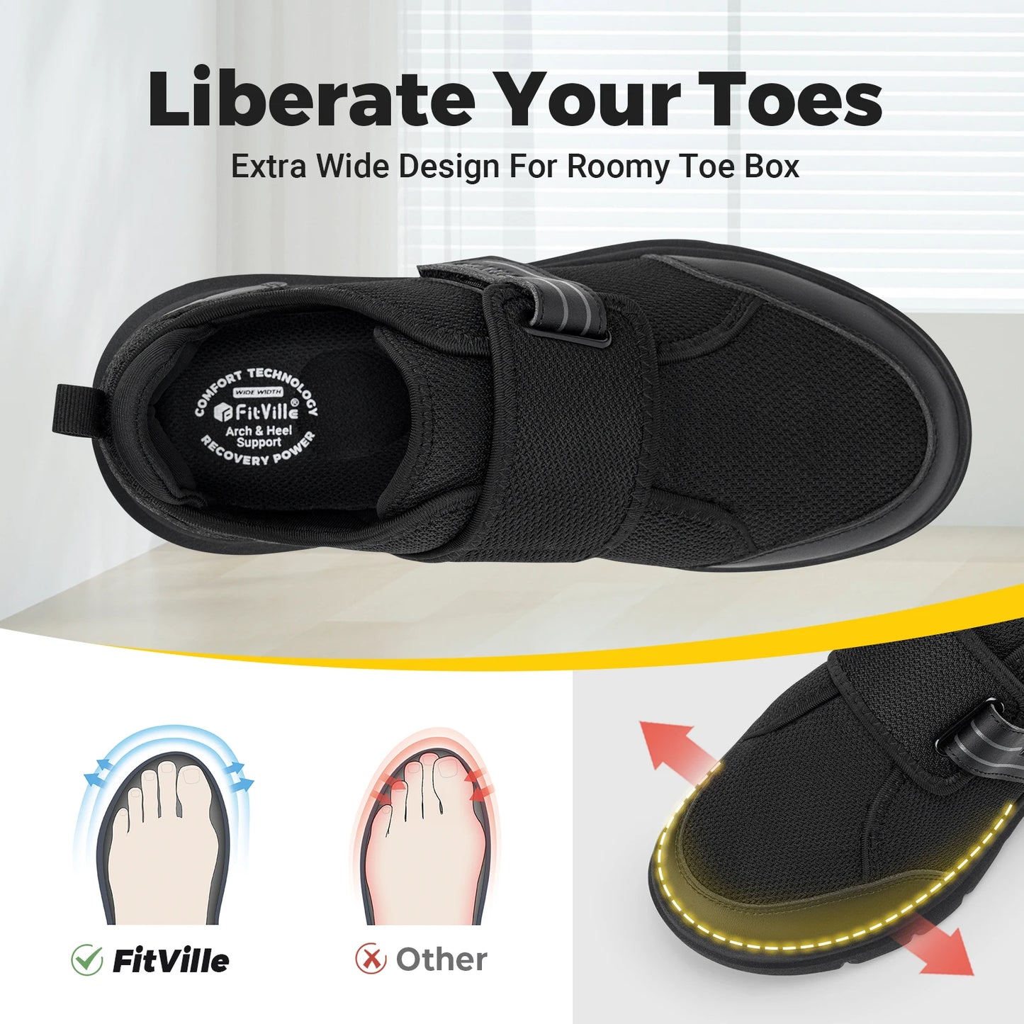 Fitville Men's Diabetic Shoes Extra Wide Hook And Loop Walking
