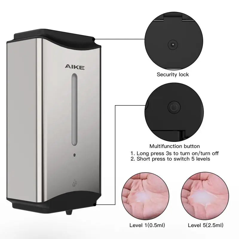AIKE 1100ML Automatic Stainless Steel Liquid Soap Dispenser Wall Mount