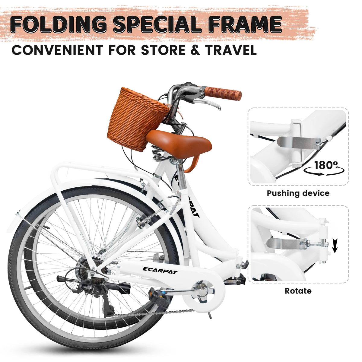 Ecarpat Folding Beach Cruiser Bike With Sturdy Steel Frame