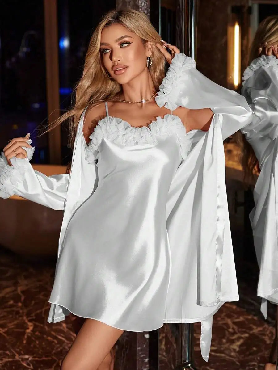 SilkySpell Floral Trim Faux Silk Nightgown And Belted Robe Set