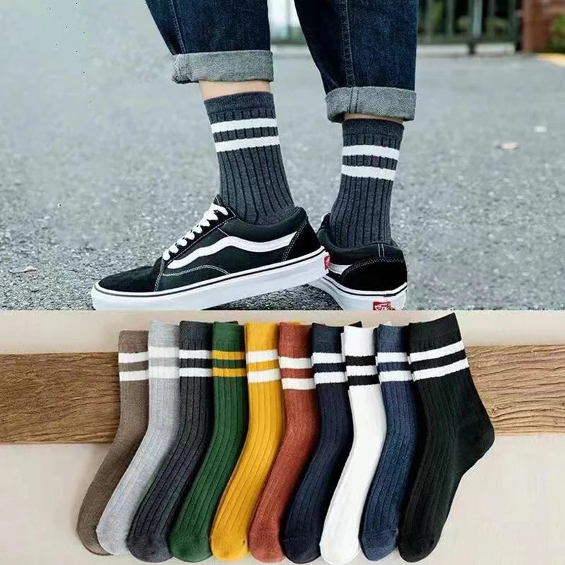 Men's Striped Casual Harajuku Retro Breathable Socks 5 Pack Polyester