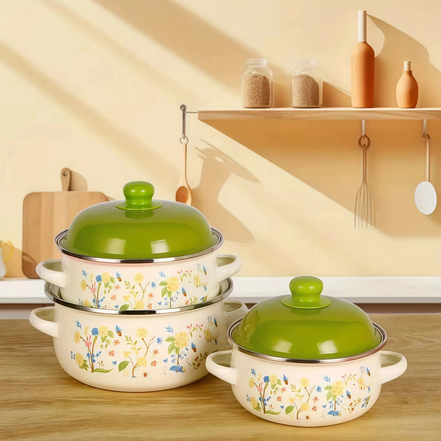 Vintage Enamel Stock Pot Set With Lids Induction Compatible