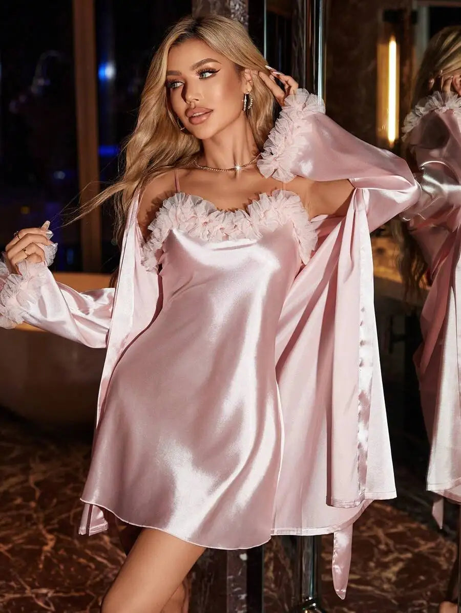 SilkySpell Floral Trim Faux Silk Nightgown And Belted Robe Set