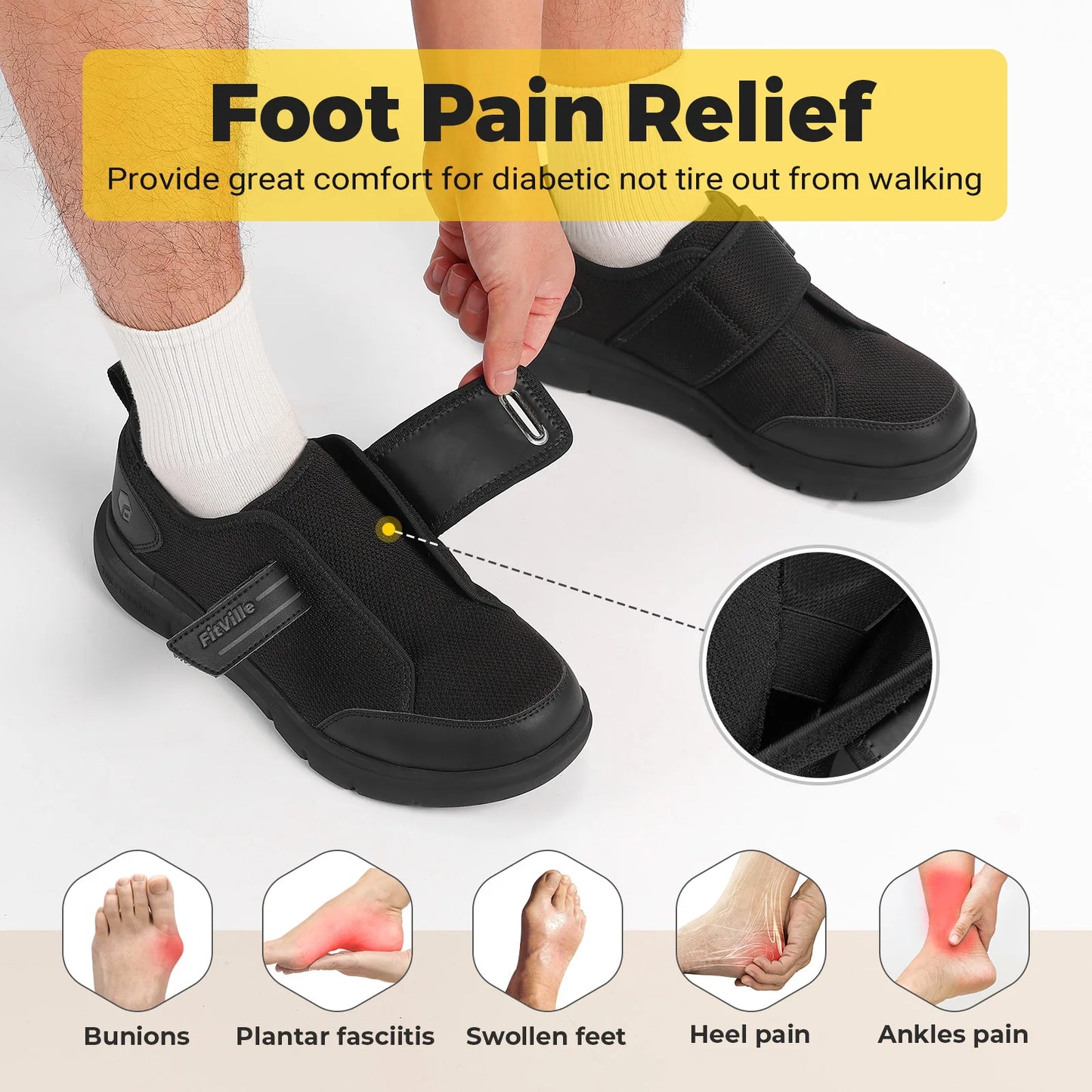 Fitville Men's Diabetic Shoes Extra Wide Hook And Loop Walking